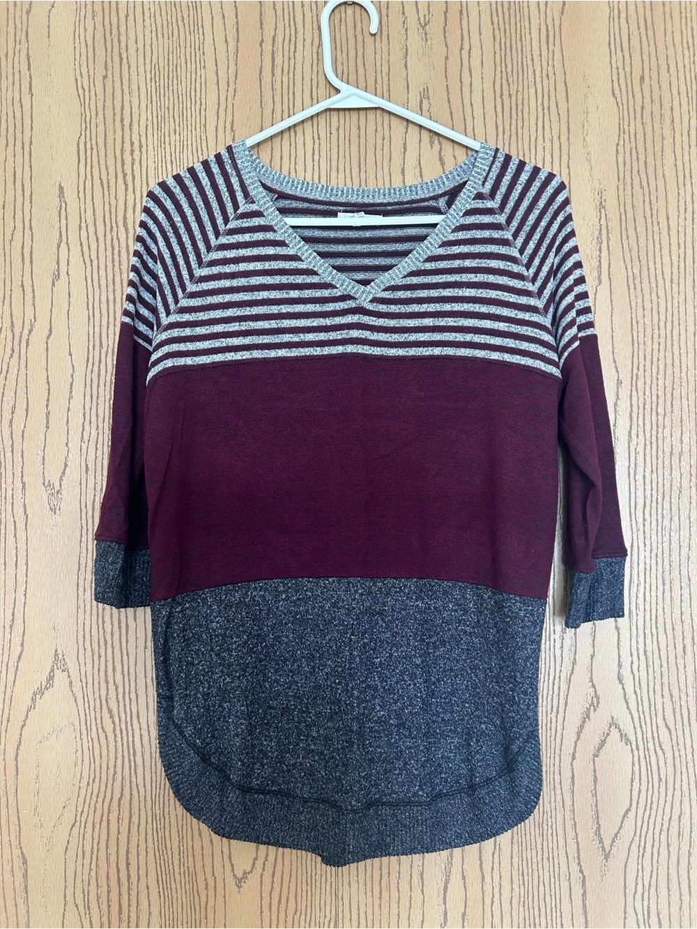 Maurices Burgundy and Heather Gray Striped V-Neck Sweater